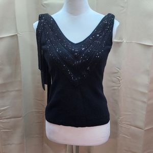 Carmen Marc Valvo Black Beaded Cashmere Sleeveless Sweater, Size Medium